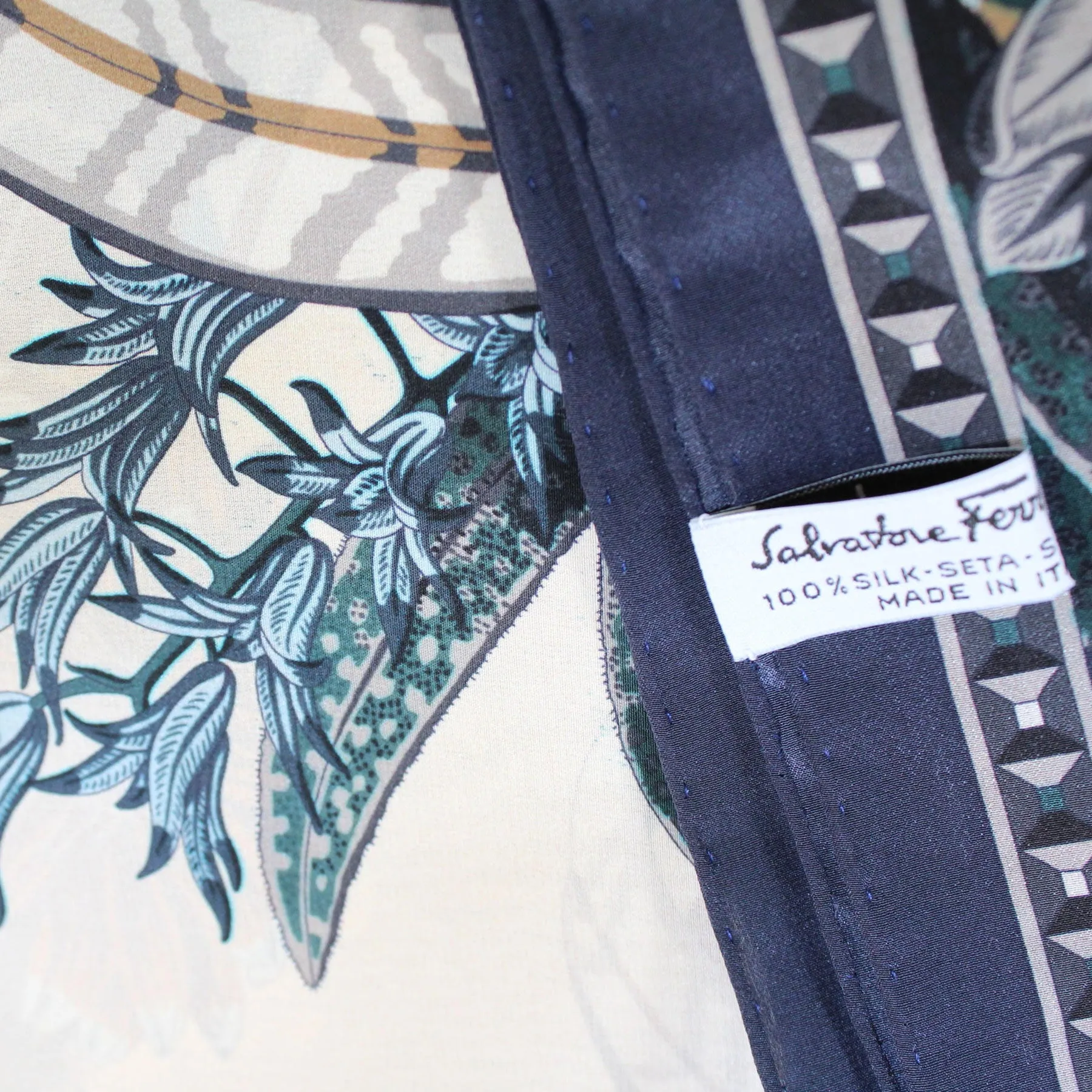 Salvatore Ferragamo Silk Navy Olive Blue Floral - Large Twill Silk Square SALE