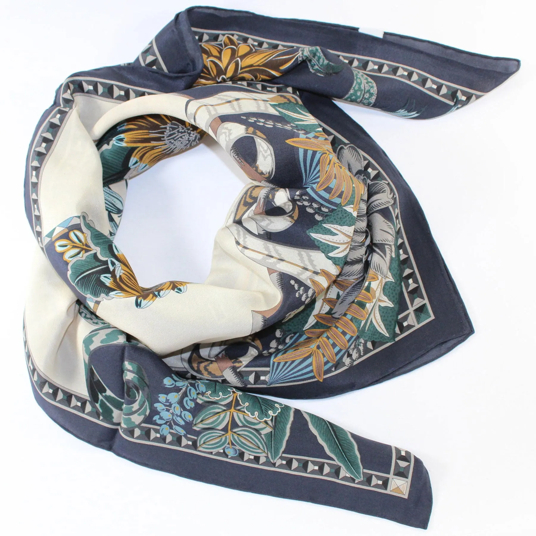 Salvatore Ferragamo Silk Navy Olive Blue Floral - Large Twill Silk Square SALE