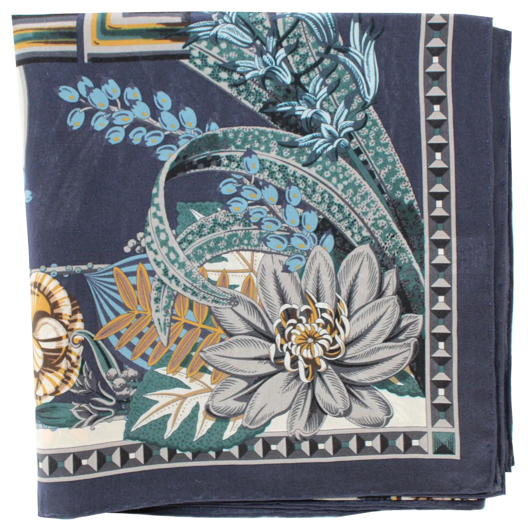 Salvatore Ferragamo Silk Navy Olive Blue Floral - Large Twill Silk Square SALE