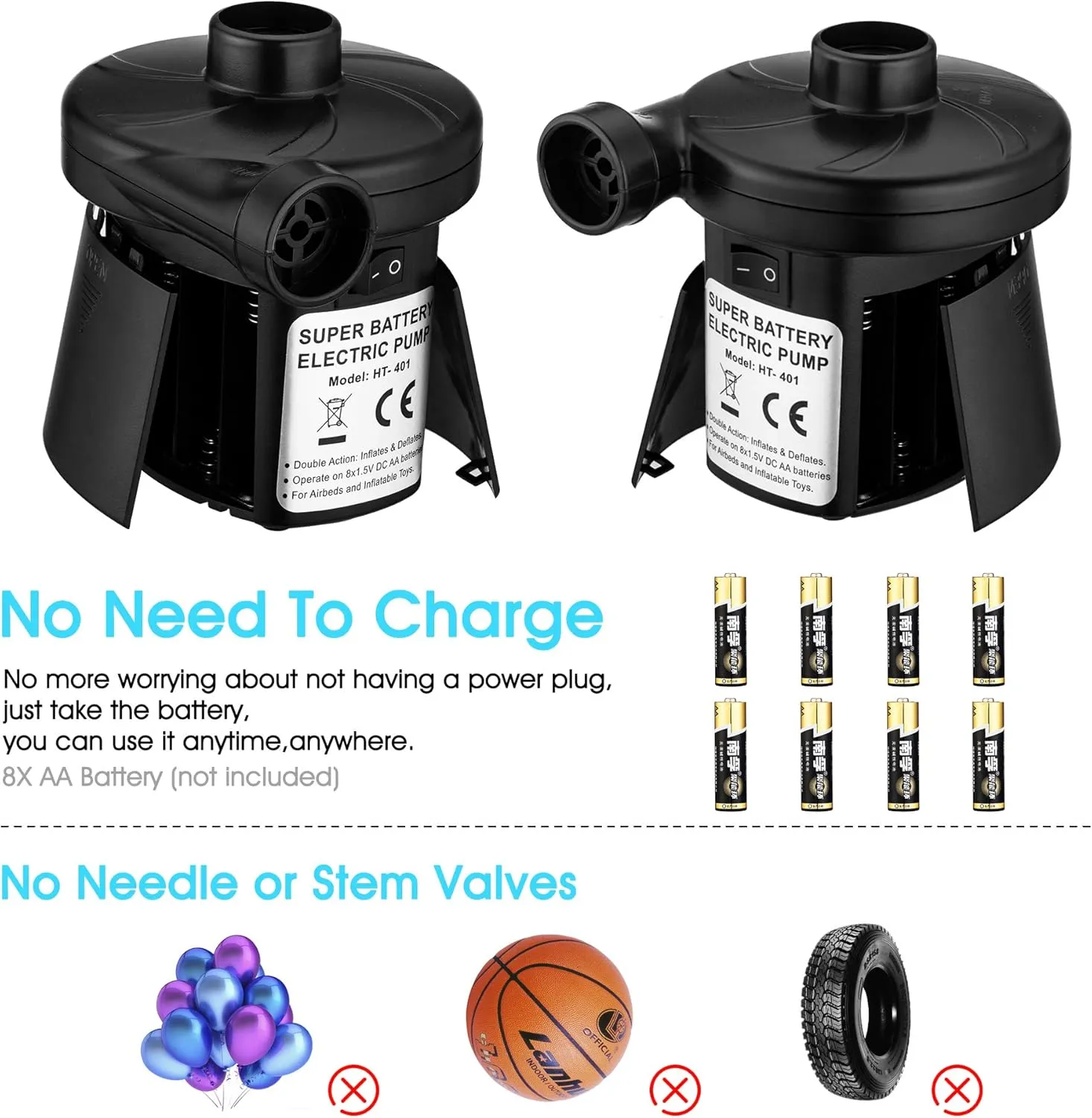 sanipoe Battery Powered Air Mattress Pump, Electric Quick-Fill Blower Portable Inflator Deflator for Inflatables Raft Bed Boat Pool Toy, Black