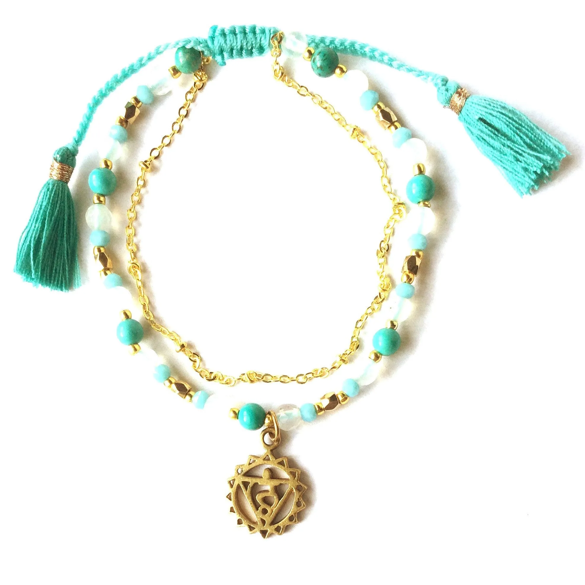 Throat Chakra Symbol Gemstone Yoga Bracelet Brass Chain