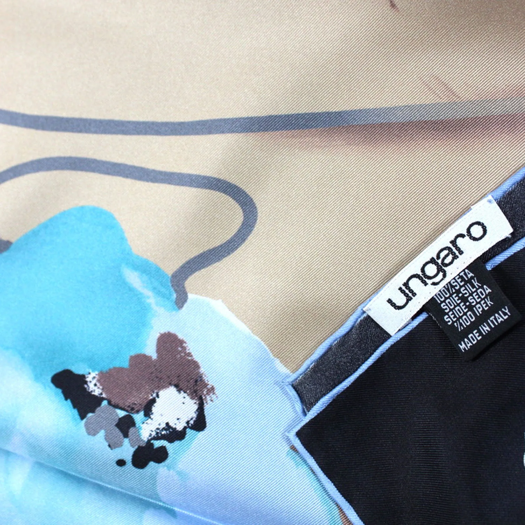 Ungaro Scarf Black Brown Aqua Floral - Twill Silk Square Foulard FINAL SALE