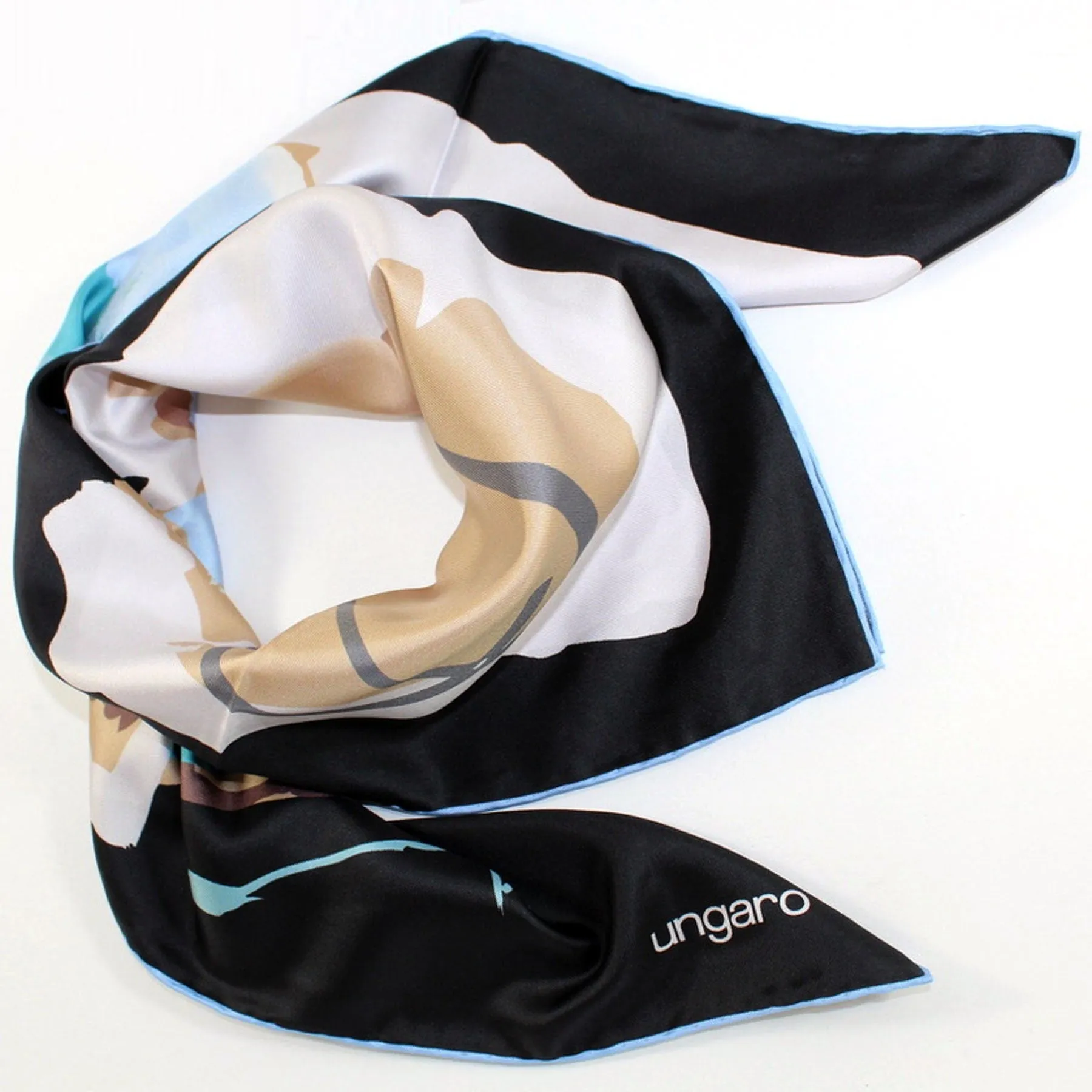 Ungaro Scarf Black Brown Aqua Floral - Twill Silk Square Foulard FINAL SALE