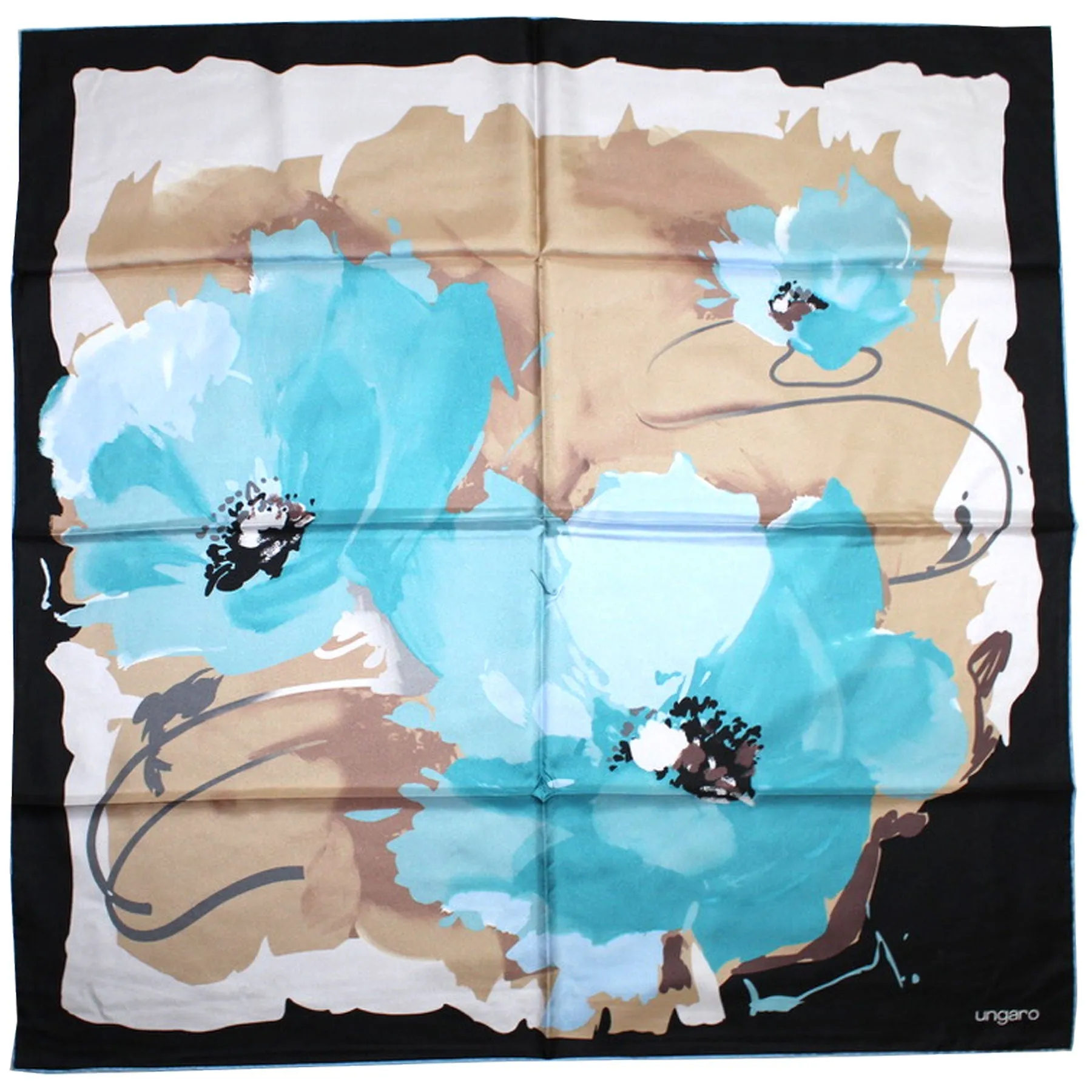 Ungaro Scarf Black Brown Aqua Floral - Twill Silk Square Foulard FINAL SALE