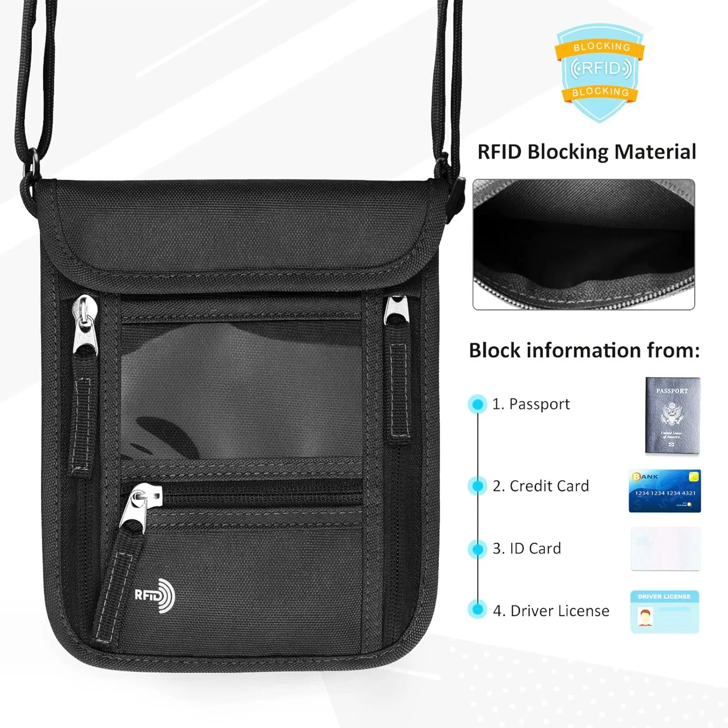 WALNEW Passport Holder Neck Pouch Travel Wallet for Women and Men, RFID Blocking Security Slim Traveling Wallet with Around Neck Lanyard Strap