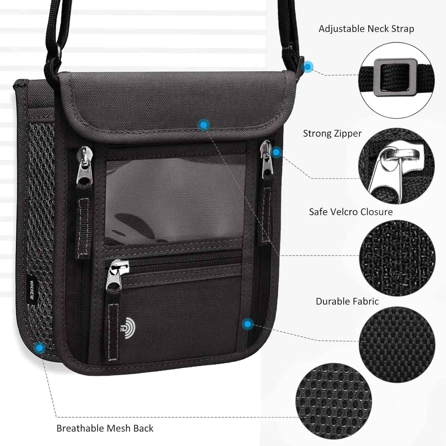WALNEW Passport Holder Neck Pouch Travel Wallet for Women and Men, RFID Blocking Security Slim Traveling Wallet with Around Neck Lanyard Strap