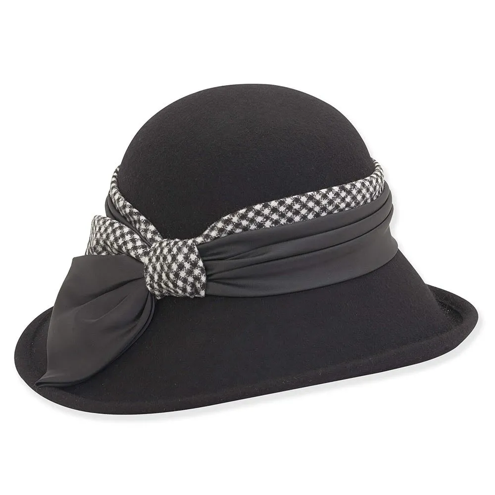 Wool Felt Cloche Hat with Houndstooth Woolen Trim Adora® Hats